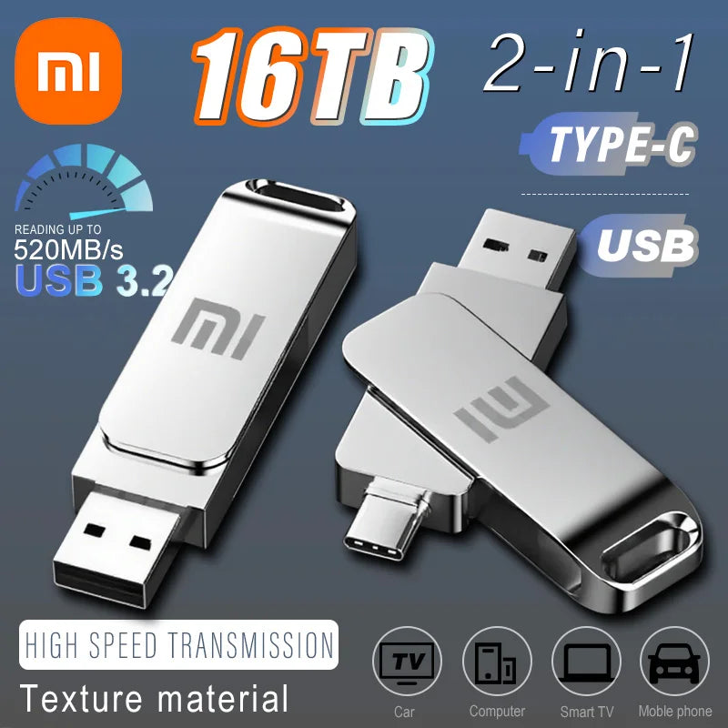 Xiaomi USB 3.2 16TB Type-C 2-in-1 OTG Flash Drive - High-Speed Storage Options: 2TB, 4TB, 8TB, 16TB for PC and Laptop